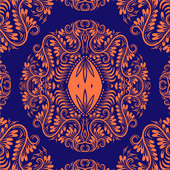 Luxury Dark Blue And Light Orange Traditional Flower Motif Background Seamless Pattern Vector Illustration