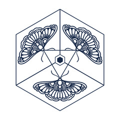 Geometric, Esotheric Hexagonal Moths Tattoo Line Art Symbol, Poster T-shirt Design Vector Art Illustration