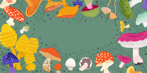 Autumn banner with mushroom on green background banner. Fall season leaves and colorful mushrooms for Hello Autumn and sale poster, flyer, social media design