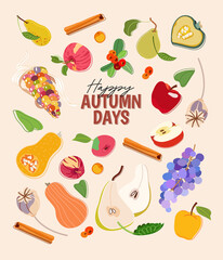 Autumn Harvest poster card design with corn, grape, apples, pears, berries, cinnamon and pumpkin. Vector fall illustration. Harvest Festival