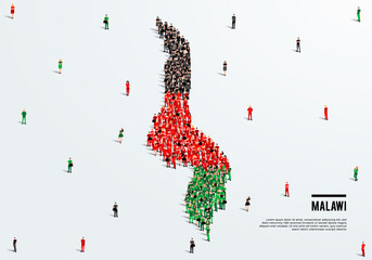 Malawi Map and Flag. A large group of people in the Malawi flag color form to create the map. Vector Illustration.