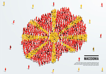 Macedonia Map and Flag. A large group of people in the Macedonian flag color form to create the map. Vector Illustration. - obrazy, fototapety, plakaty
