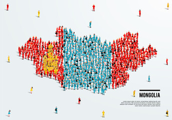 Mongolia Map and Flag. A large group of people in the Mongolian flag color form to create the map. Vector Illustration.