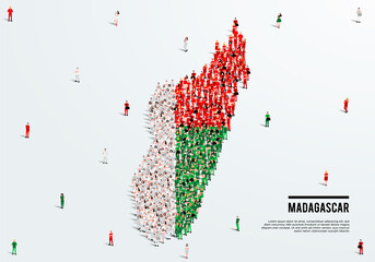 Madagascar Map and Flag. A large group of people in the Madagascar flag color form to create the map. Vector Illustration.