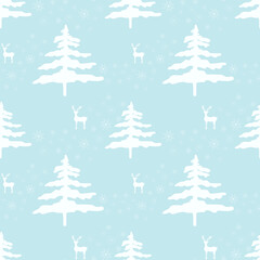 Christmas seamless background with reindeer, snowflakes and Christmas trees. Winter holiday pattern. Traditional December design for wrapping paper, postcards, napkins. Vector illustration.