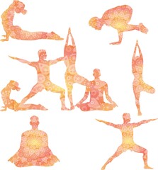 Yoga poses asanas with mandala pattern, Orange red yellow colored mandala, yoga studio decoration. Group of people doing yoga