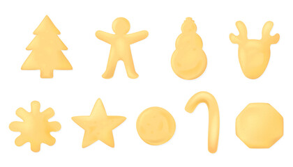 The collection of gingerbread cookies isolated on white background. Homemade cookie decorated with icing frosted for New Year's party. Vector illustration of Christmas dessert concept.