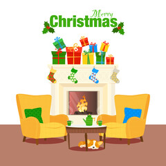 Merry Christmas! Chairs, table and Christmas fireplace with socks and gifts. Little doggie under the table. Vector. Illustration.