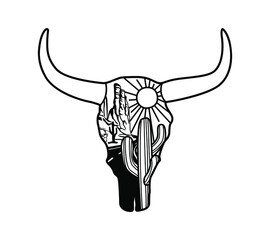 Cow skull. American desert landscape silhouette in cow skull. Vintage American Westerrn symbol hand drawn illustration landscape.