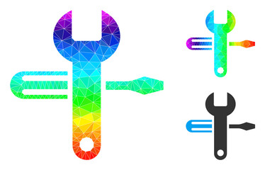 Low-poly tuning icon with spectrum vibrant. Spectrum vibrant polygonal tuning vector is combined with randomized vibrant triangles. Flat geometric 2d modeling symbol created from tuning icon.