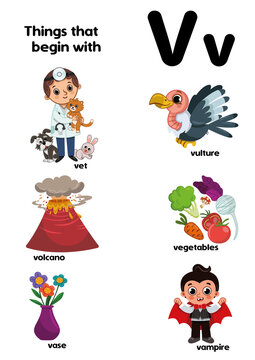 Things that start with the letter V. Educational, vector illustration for children.
