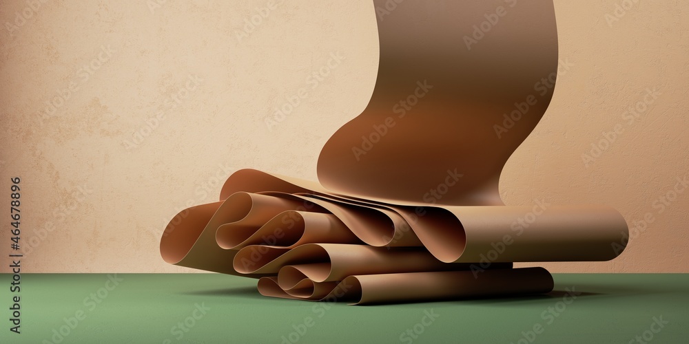 Poster 3d render, abstract simple background with folded ribbon or long paper scroll