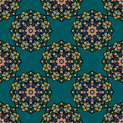 Vector seamless background. Endless colorful texture. Use for wallpaper, textile, book cover, clothes. In blue, green and orange colors