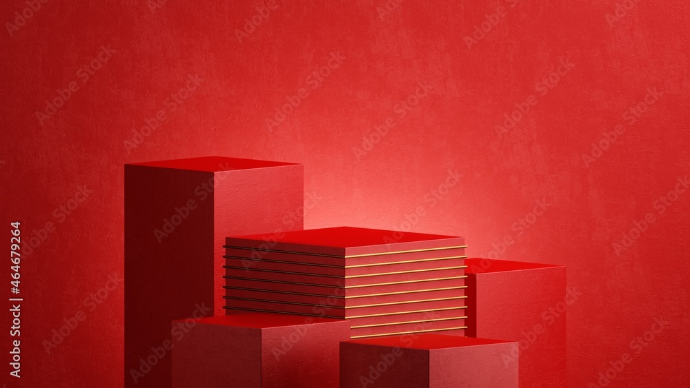 Poster 3d rendering, abstract red background. empty showcase scene with platforms and podiums for product p