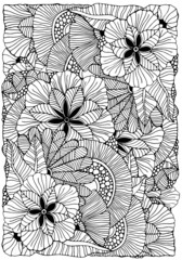 Coloring book page with different little flowers and leaf in zentangle style. Black and white vector illustration. Doodle, hand drawn, zen art, anti stress.