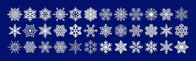 Naklejka na ściany i meble Set of snowflakes icons in flat style. Decoration for Christmas and New Year background. White snowflakes isolated on blue background. Vector illustration