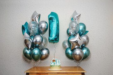 Party balloons, birthday balloons, number one balloon, one year birthday celebration, turquoise...