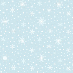 Fototapeta na wymiar Snowflakes Seamless Pattern for Christmas, New year and Winter Holiday. Blue White snowfall vector background for Holiday print, textile, greeting card, postcard, invitation, wrapping, gift paper, web