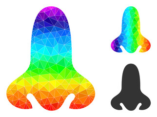 lowpoly nose organ icon with spectrum colorful. Spectrum colorful polygonal nose organ vector is designed with scattered colored triangles.