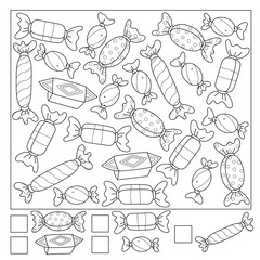 How many sweets do you see? Black and white illustration of educational counting game for children with candy coloring book page.