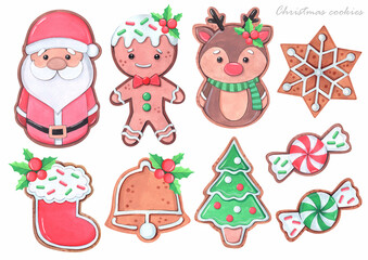 Watercolor illustration. Set of Christmas cookies on a white background. Santa Claus, star, deer.