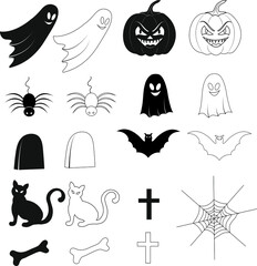 set of Halloween icons pumpkins, cats and bats
