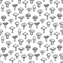 Seamless monochrome pattern with mushrooms isolated on white background. Template for branding fresh organic food, textile, ads. Vector illustration.