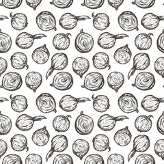 Seamless monochrome pattern with onions isolated on white background. Template for branding fresh organic food, textile, ads. Vector illustration.
