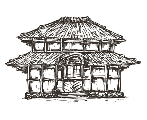 Vector hand draw japan temple isolated on white background. Monochrome illustration in sketch vintage style.