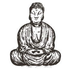 Vector hand draw buddha statue isolated on white background. Monochrome illustration in sketch vintage style.