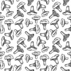Obraz premium Seamless monochrome pattern with mushrooms isolated on white background. Template for branding fresh organic food, textile, ads. Vector illustration.
