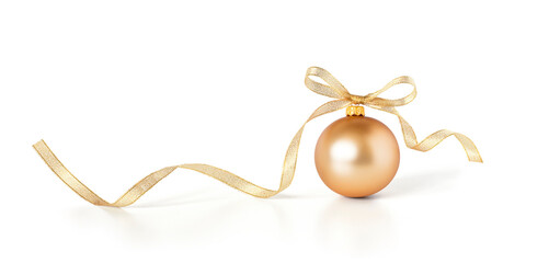 Golden bauble, christmas ball with a ribbon decoration, isolated on white background.
