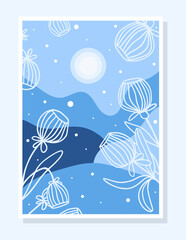 Winter card of backgrounds for social media stories and poster with snowflakes and plant, can be use for event invitation, card design, ad. Vector illustration