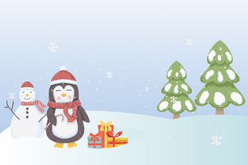 watercolor cute penguin with gifts merry christmas background