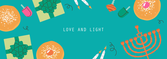 Hanukkah holiday banner design with menorah, sufganiyot and spinning top. Hand drawn minimal trendy vector illustration