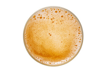 Beer in glass. Beer foam with bubble. View from above.