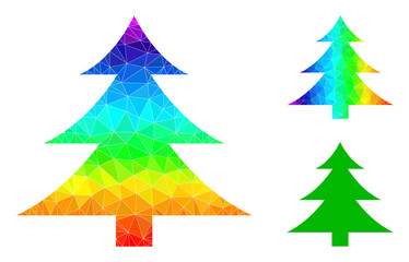 Obraz premium Low-poly fir-tree icon with rainbow vibrant. Rainbow vibrant polygonal fir-tree vector is designed with chaotic colored triangles. Flat geometric 2d modeling illustration designed by fir-tree icon.