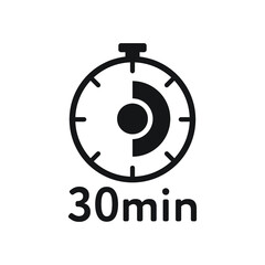 Timer sign icon. 30 minutes stopwatch symbol. Flat timer web icon on white background.