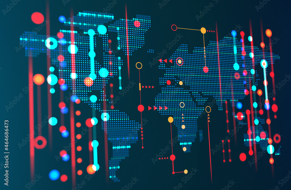 Poster global logistics, map of the movement of goods, continental transport, exchange and data protection.