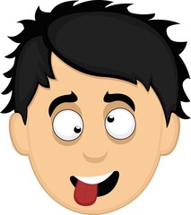 Vector emoticon illustration of the face of a young cartoon man with a funny, crazy and stupid expression