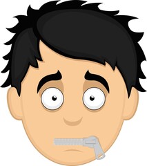 Vector emoticon illustration of the face of a young cartoon man with a zipper in his mouth in silence concept