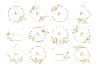 薔薇の花のデザインフレーム　金色の線画と白い背景