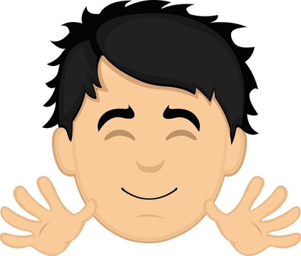 Vector emoticon illustration of the face of a young cartoon man with a happy expression and waving with his hands