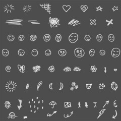 Hand drawn doodle images for social media. Creative, cute funny elements. Emotions. White.