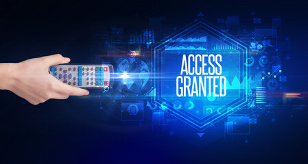 hand holding wireless peripheral, cyber security concept