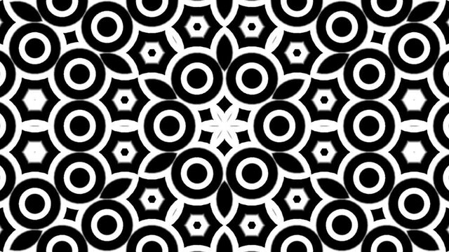 A 2D illustration of a trippy black and white kaleidoscope pattern background