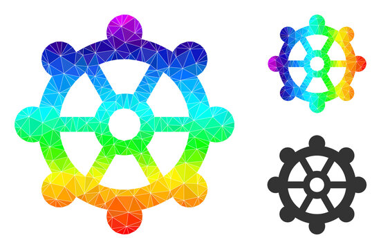 Low-poly gear icon with rainbow colored. Rainbow colored polygonal gear vector constructed of chaotic colored triangles. Flat geometric mesh abstraction based on gear icon.