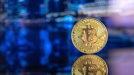Bitcoin gold coin and defocused chart background. Virtual cryptocurrency concept.
