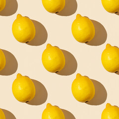 Trendy sunlight summer pattern made with yellow lemon slice on bright light yellow background. Minimal summer concept. Flat lay. - 464689072
