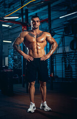 Portrait of young man, muscled athlete, bodybuilder posing at sport gym, indoors. Concept of sport,...